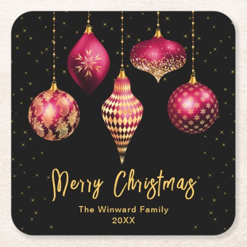 Burgundy Red and Gold Ornaments Merry Christmas Square Paper Coaster