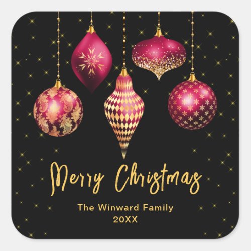 Burgundy Red and Gold Ornaments Merry Christmas Square Sticker