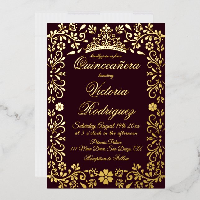 Burgundy Red and Gold Quinceañera Elegant  Foil Invitation (Envelope)