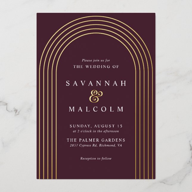 Burgundy Red and Gold | Simple Elegant Wedding Foil Invitation (Front)