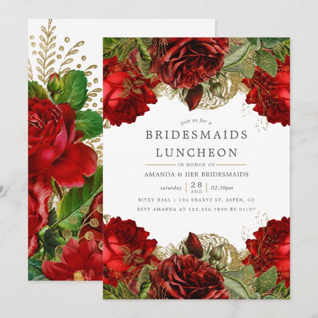 Burgundy Red and Gold Vintage Bridesmaids Luncheon Invitation (Front/Back)