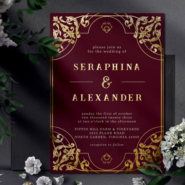 Burgundy Red and Gold | Vintage Maroon Wedding Foil Invitation (Creator Uploaded)