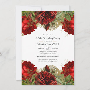 Burgundy Red and Gold Vintage Roses Birthday Invitation