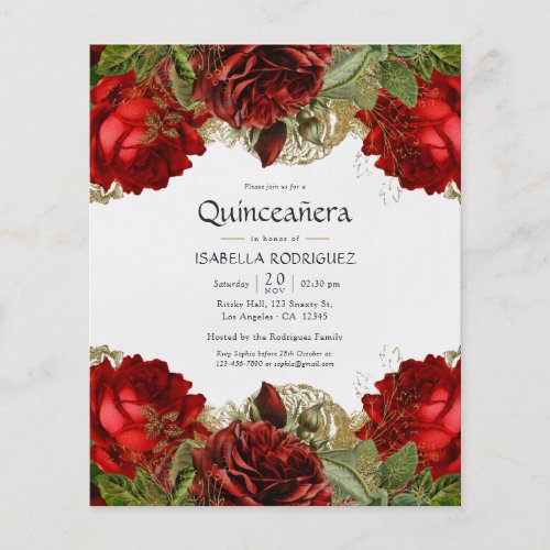Burgundy Red and Gold Vintage Roses Quinceaera Flyer