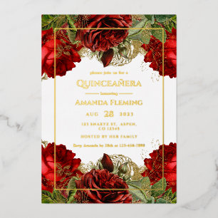 Burgundy Red and Gold Vintage Roses Quinceañera Fo Foil Invitation