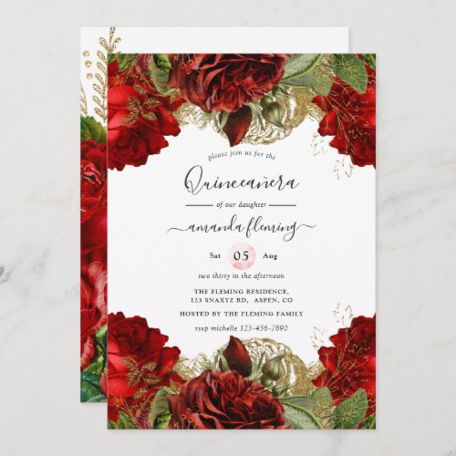 Burgundy Red and Gold Vintage Roses Quinceaera In Invitation