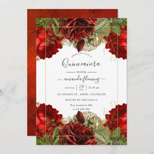 Burgundy Red and Gold Vintage Roses Quinceañera Invitation