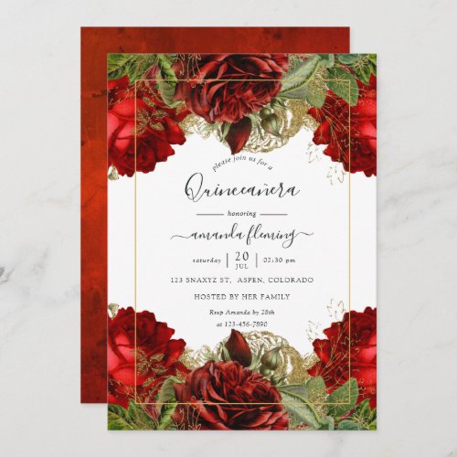 Burgundy Red and Gold Vintage Roses Quinceaera Invitation