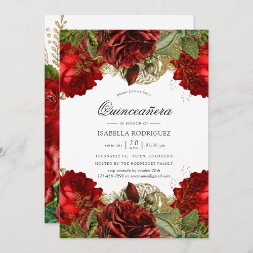 Burgundy Red and Gold Vintage Roses Quinceaera Invitation