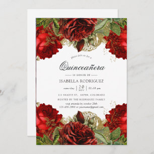 Burgundy Red and Gold Vintage Roses Quinceañera Invitation