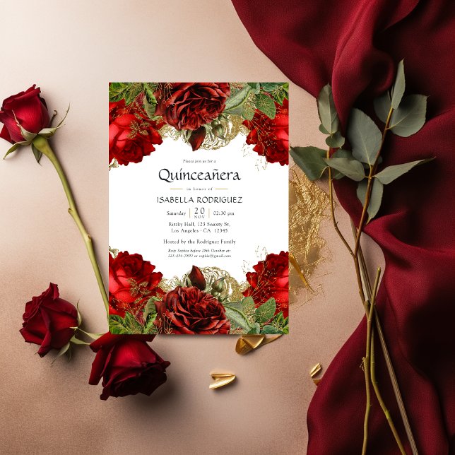 Burgundy Red and Gold Vintage Roses Quinceañera Invitation (Creator Uploaded)