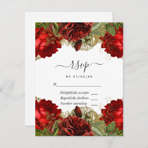 Burgundy Red and Gold Vintage Roses Quinceañera RSVP Card