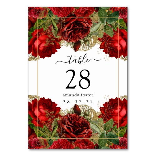 Burgundy Red and Gold Vintage Roses Quinceaera Table Number