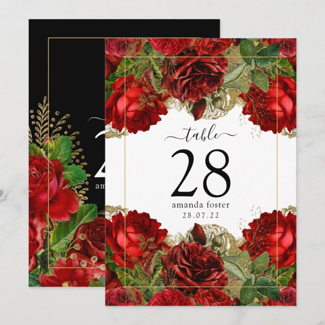 Burgundy Red and Gold Vintage Roses Table Number (Front/Back)