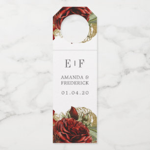 Burgundy Red and Gold Vintage Roses Wedding Bottle Hanger Tag