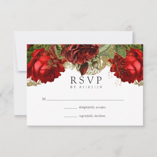 Burgundy Red and Gold Vintage Roses Wedding RSVP Card