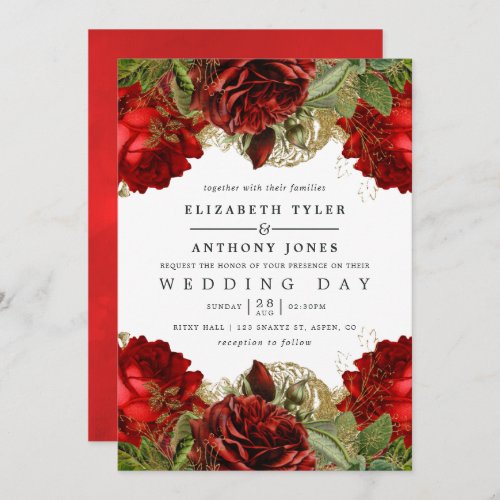 Burgundy Red and Gold Vintage Shabby Roses Wedding Invitation