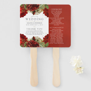 Burgundy Red and Gold Vintage Wedding Program Hand Fan