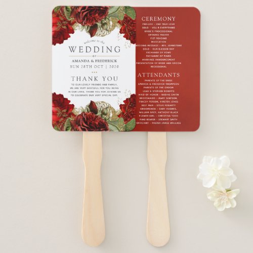 Burgundy Red and Gold Vintage Wedding Program Hand Fan