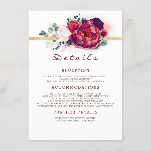 Burgundy Red and Gold Wedding Information Enclosure Card