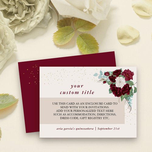 Burgundy Red and Ivory Rose Custom Details Enclosure Card