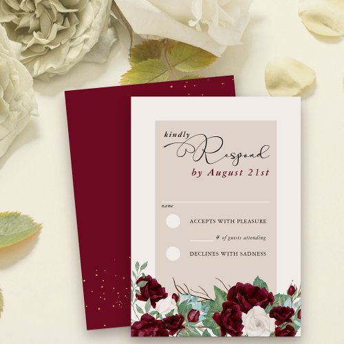 Burgundy Red and Ivory Rose Elegant Floral RSVP Card
