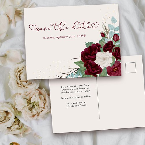 Burgundy Red and Ivory Rose Floral Save the Date Announcement Postcard