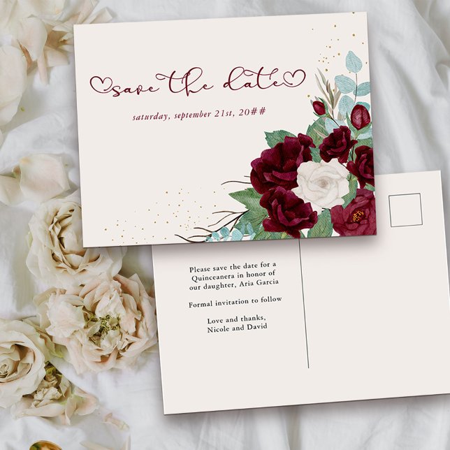Burgundy Red and Ivory Rose Floral Save the Date Announcement Postcard (Elegant Floral Save the Date from my Royal Roses collection
)