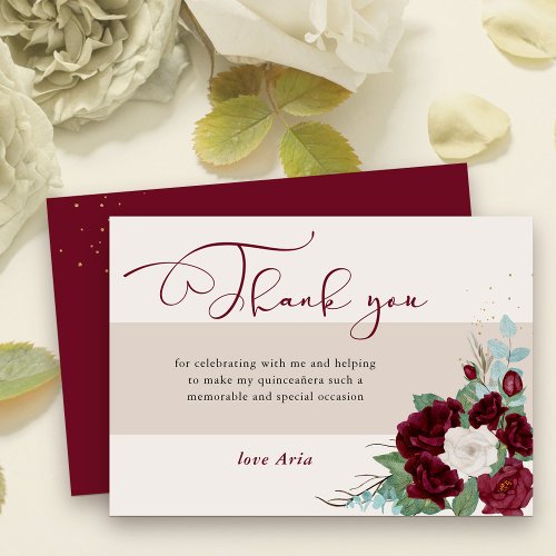 Burgundy Red and Ivory Roses Elegant Calligraphy Thank You Card