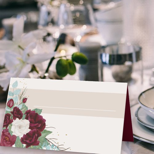 Burgundy Red and Ivory Roses with Name Panel Place Card