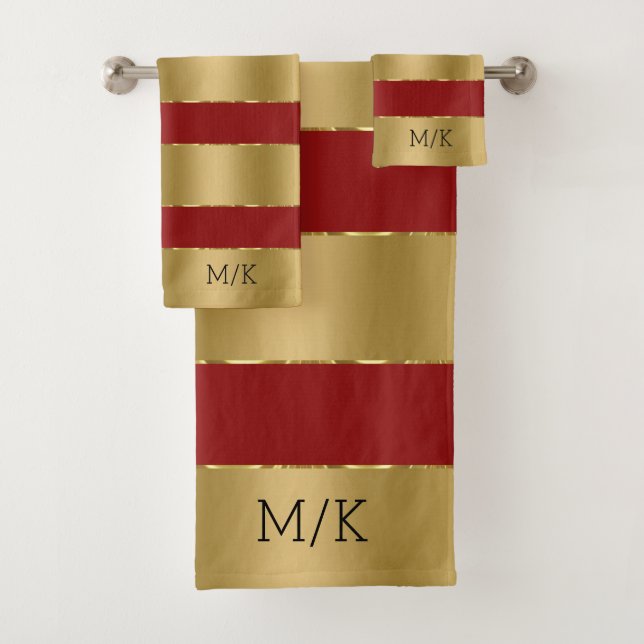 Burgundy red and luxury gold stripes pattern bath towel set (Insitu)