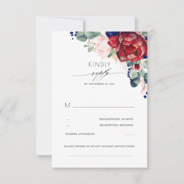 Burgundy Red and Navy Blue Elegant RSVP Card (Front)