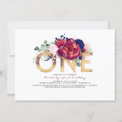 Burgundy Red and Navy Blue Floral 1st Birthday Invitation