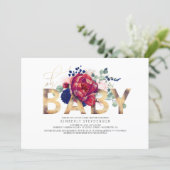 Burgundy Red and Navy Blue Floral Baby Shower Invitation (Standing Front)