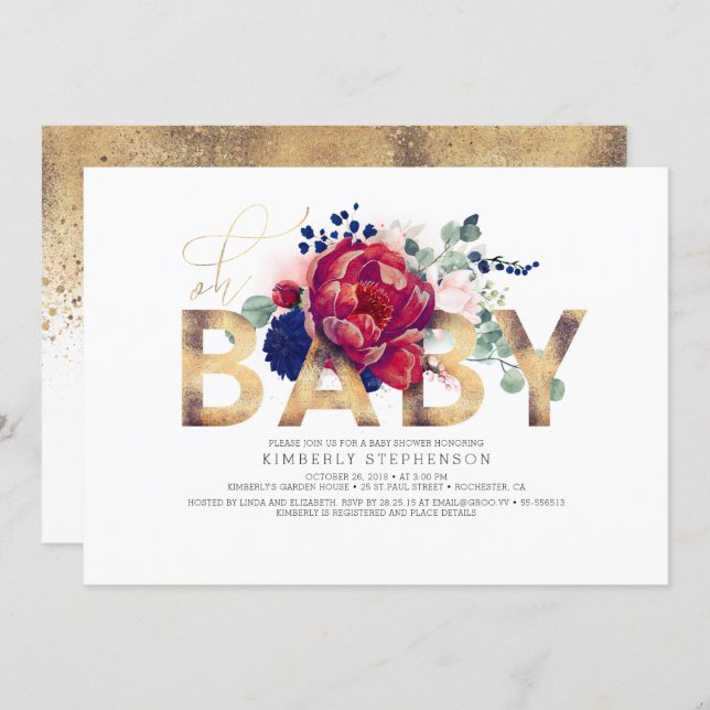 Burgundy Red and Navy Blue Floral Baby Shower Invitation (Front/Back)