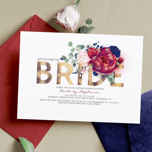 Burgundy Red and Navy Blue Floral Bridal Shower Invitation