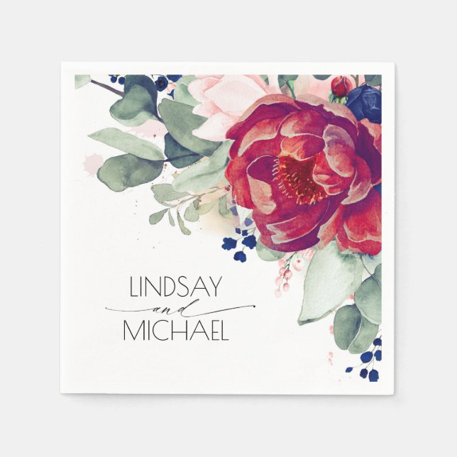 Burgundy Red and Navy Blue Floral Elegant Napkins (Front)