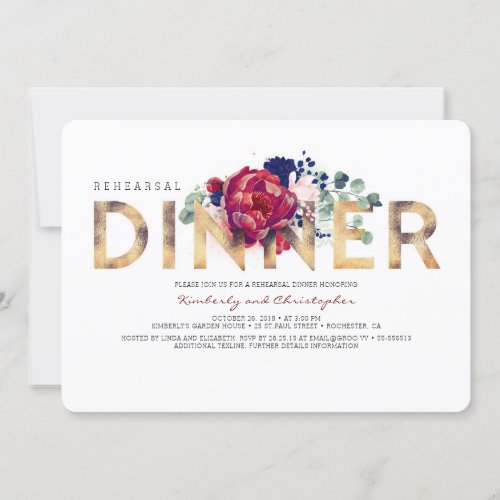 Burgundy Red and Navy Blue Floral Rehearsal Dinner Invitation