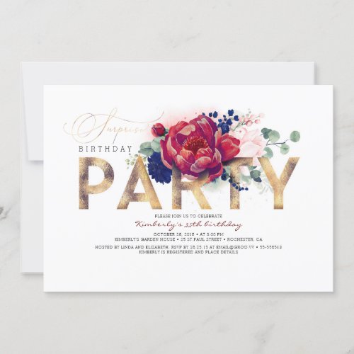 Burgundy Red and Navy Blue Floral Surprise Party Invitation