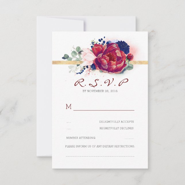 Burgundy Red and Navy Blue Floral Wedding RSVP (Front)