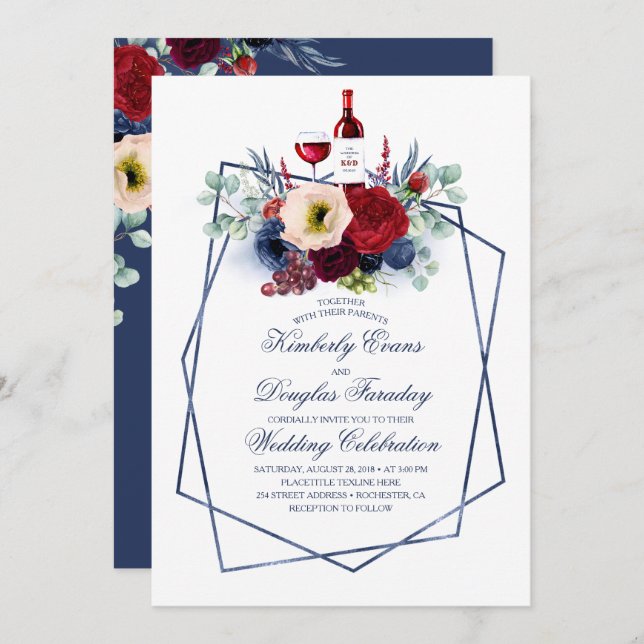 Burgundy Red and Navy Blue Floral Winery Wedding Invitation (Front/Back)