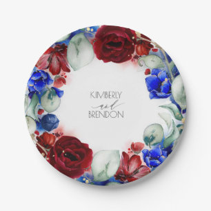 Burgundy Red and Navy Blue Floral Wreath Wedding Paper Plates