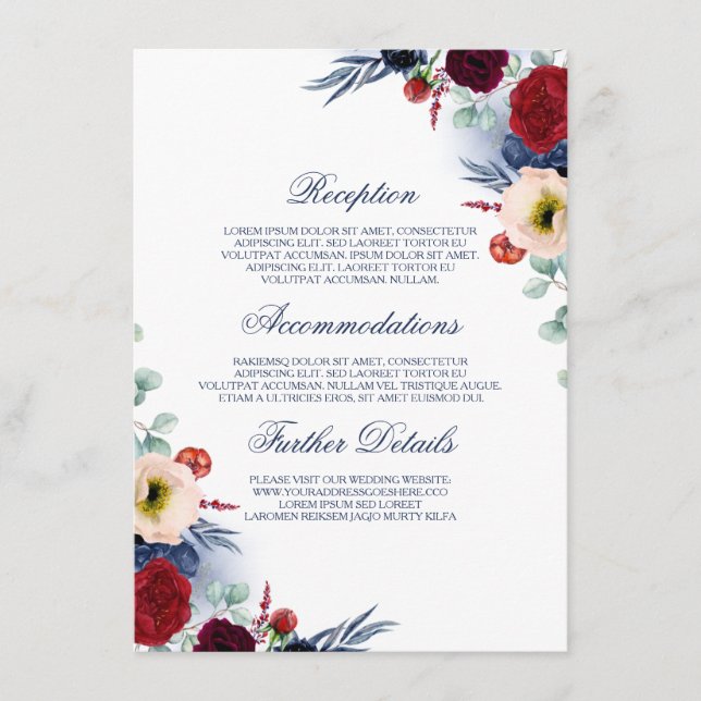 Burgundy Red and Navy Blue Wedding Information Enclosure Card (Front)