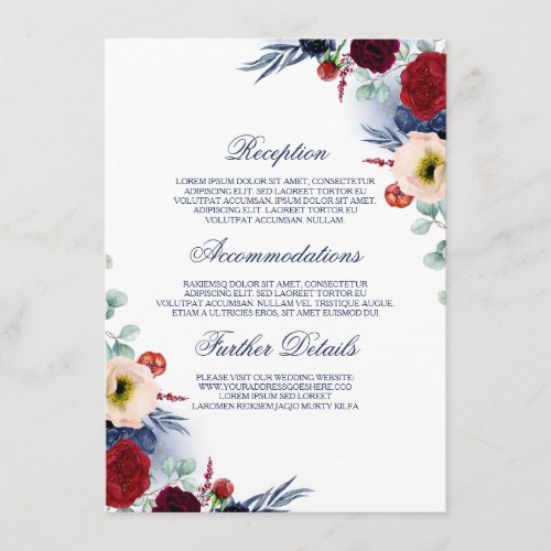 Burgundy Red and Navy Blue Wedding Information Enclosure Card