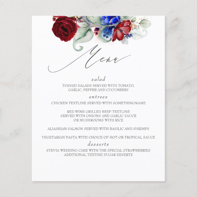Burgundy Red and Navy Blue Wedding Menu Flyer (Front)