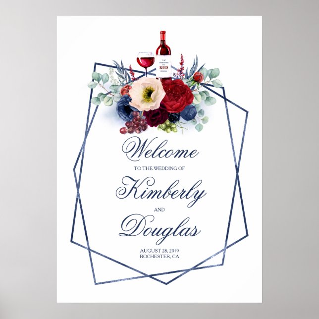 Burgundy Red and Navy Blue Wedding Welcome Sign (Front)