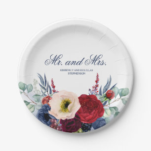 Burgundy Red and Navy Flowers Fall Wedding Paper Plates