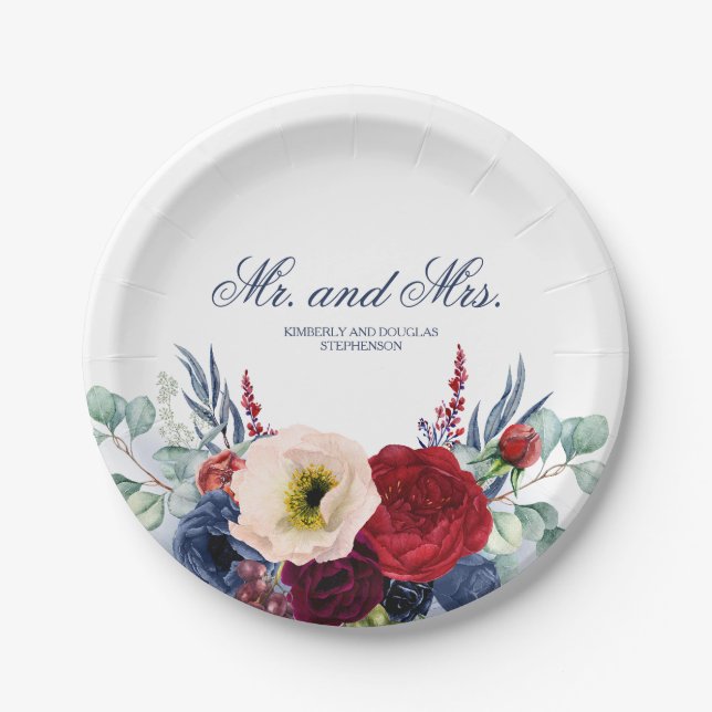 Burgundy Red and Navy Flowers Fall Wedding Paper Plates (Front)