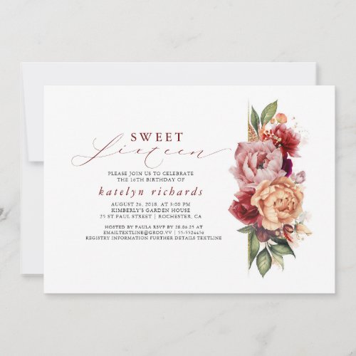 Burgundy Red and Orange Floral Chic Sweet Sixteen Invitation