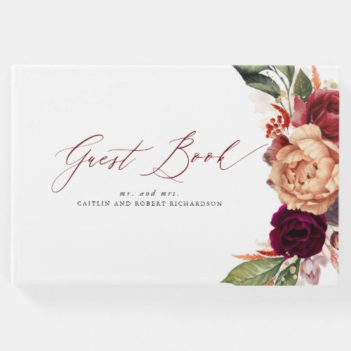 Burgundy Red and Orange Floral Fall Wedding Guest Book